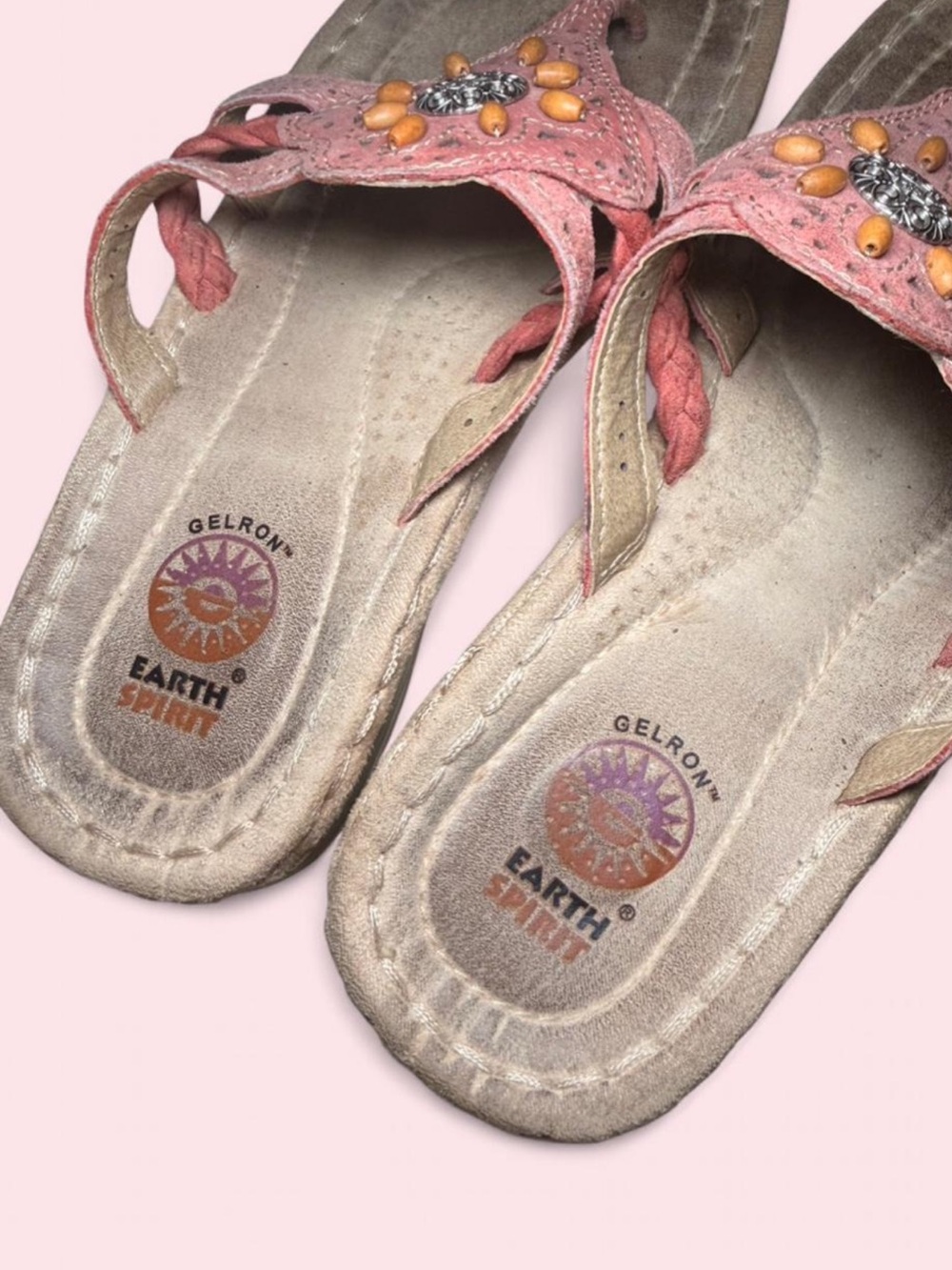 Earth Spirit Women’s 7.5 Pink Leather Beaded Boho Thong Sandals Gelron Comfort - Picture 3 of 7